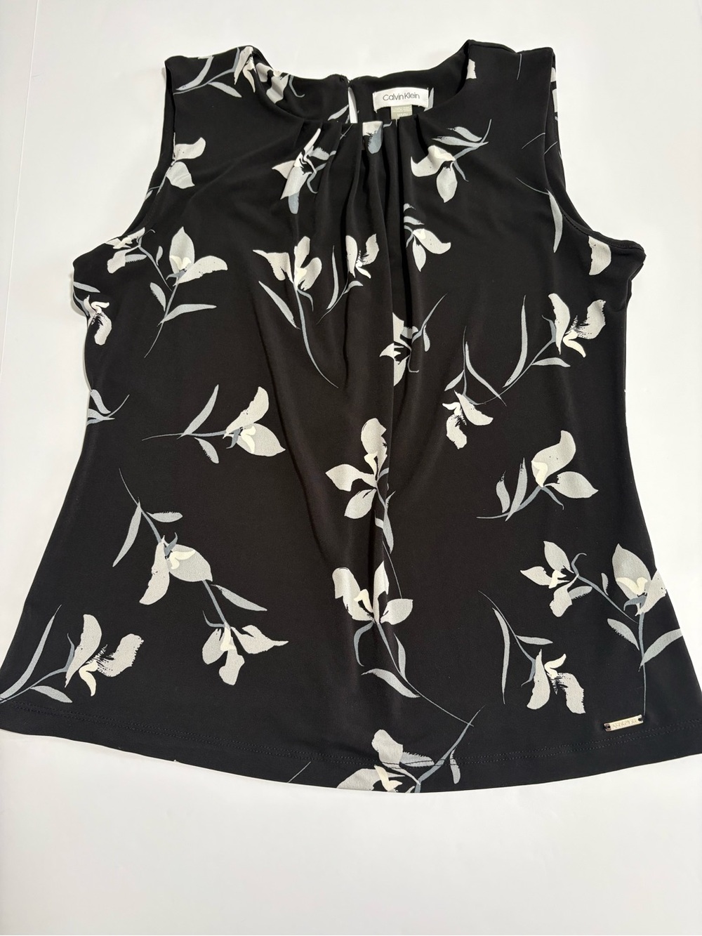 Calvin Klein Women Blouse Top Black White Floral Print Sleeveless Size M